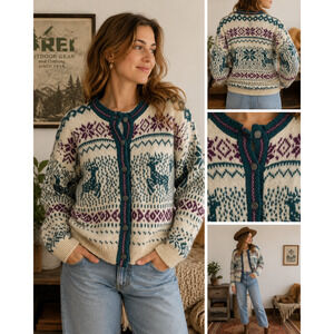 Vintage REI Nordic Wool Cardigan Sweater Womens M Deer Snowflake Fair Isle